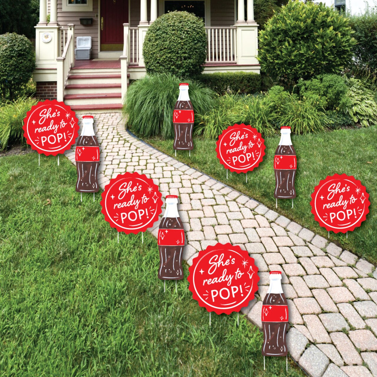 Big Dot of Happiness She's Ready to Pop Yard Signs with Stakes, Retro Party Lawn Ornaments, Vintage Soda Bottle Baby Shower Outdoor Decor - 10 Pc Set